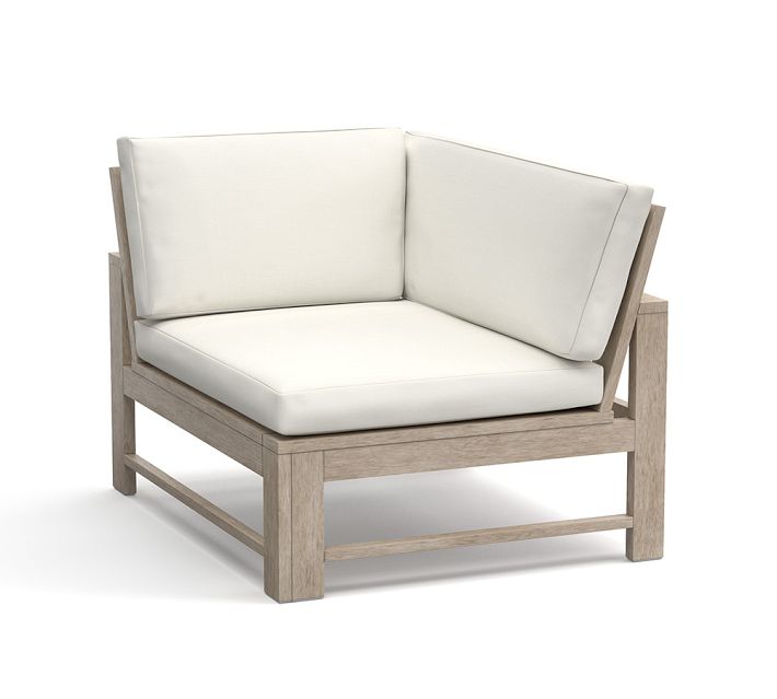 Wooden outdoor loveseat with white cushions