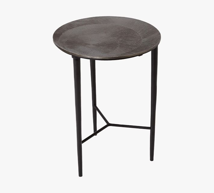Full view of a tall round table with textured top and metal legs against white background