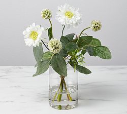 Faux White Scabiosa Arrangement In Glass Vase