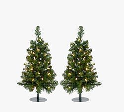 Outdoor Lit Warm LED Faux Winchester Fir Walkway Trees - Set of 2