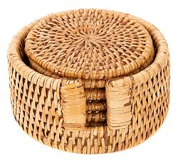 Open Box: Tava Rattan Round Coasters with Holder - Honey