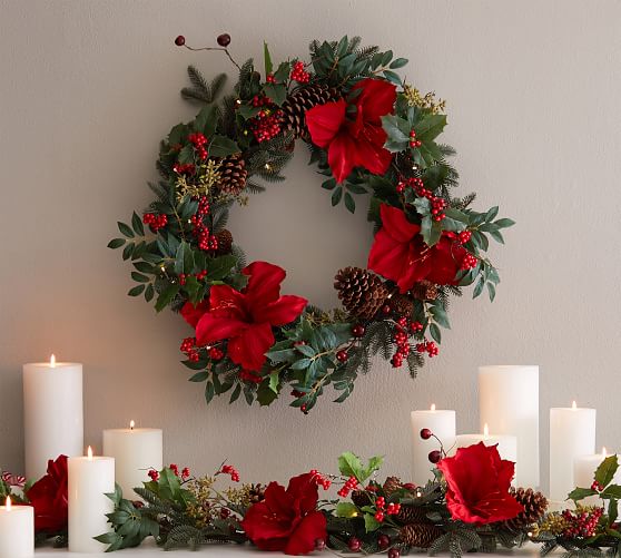 Lit Faux Amaryllis Twiggy Holiday Wreath & Garland