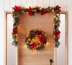 Lit Faux Amaryllis Twiggy Holiday Wreath &amp; Garland