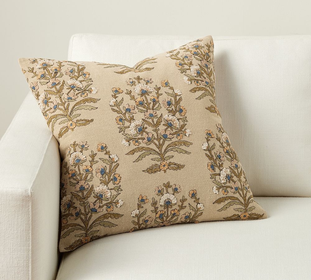 Desiree Floral Embroidered Pillow - 20", FlaxMulti