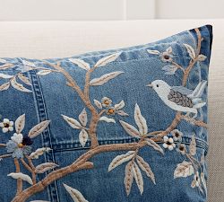 Denim Floral Embroidered Pillow Cover