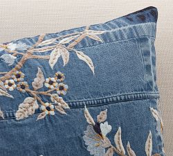 Floral Denim Embroidered Lumbar Pillow Cover