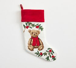 Open Box: Needlepoint Stocking, Medium - Teddy Bear, Ivory with Red Cuff
