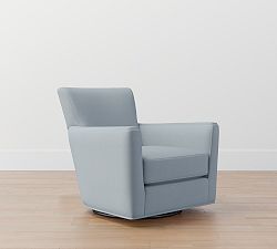 Open Box: Irving Square Arm Swivel Armchair, Without Nailheads - Performance Brushed Heathered Weave Chambray