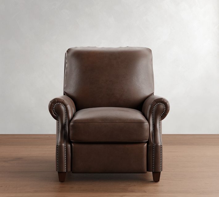 Front view of a brown leather armchair with cushion seat and matching base