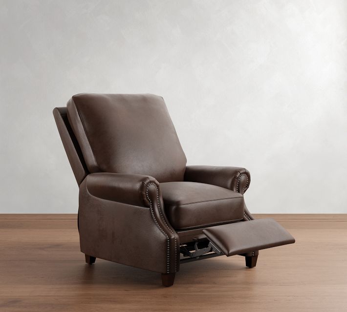 Side view of the same brown leather armchair with extended footrest, showing the reclining mechanism