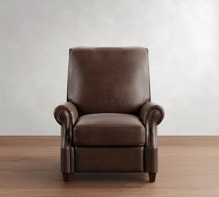 Front-facing brown leather recliner with high back, nailhead trim on arms, and wooden legs