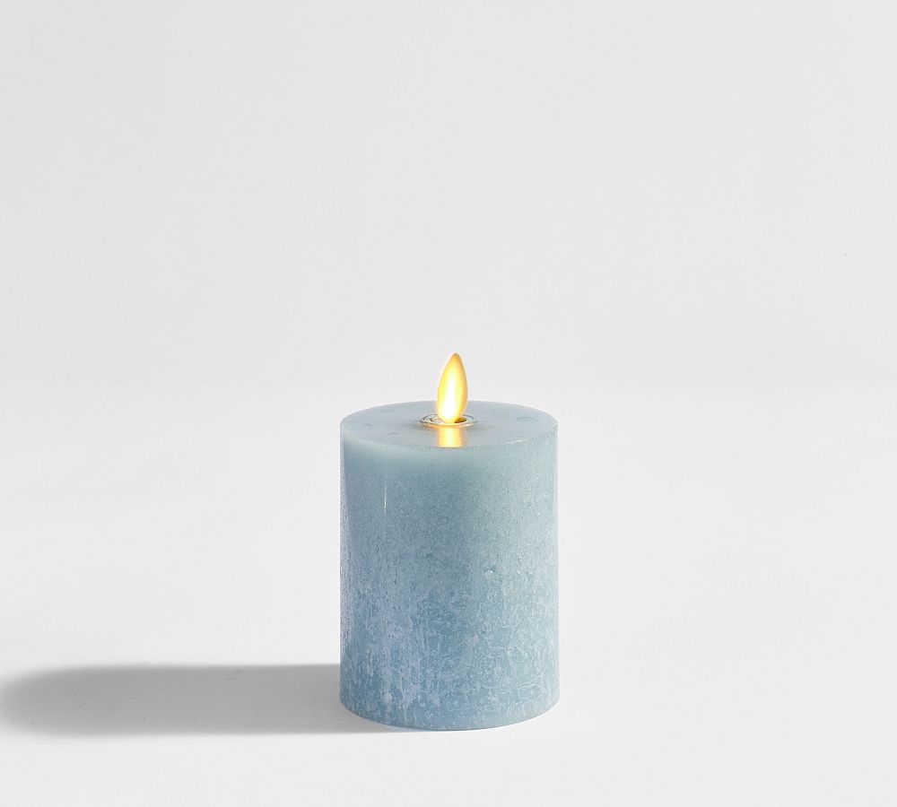 Premium Flickering Flameless Wax Pillar Candle - Salt Washed. 3" by 3.5" Color: Chambray Blue