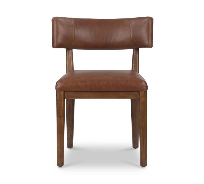 Front view of a brown leather upholstered dining chair with wooden legs.