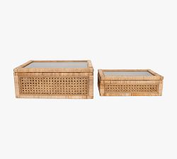 Woven Rattan And Wood Boxes, Set of 2