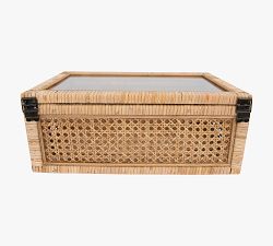 Woven Rattan And Wood Boxes, Set of 2