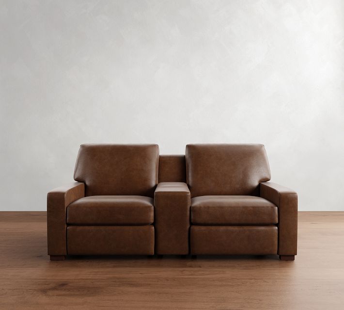Four-seat brown leather sofa with armrests