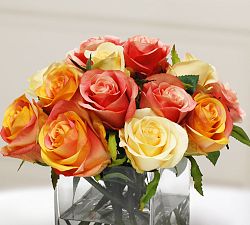 Faux Rose in Square Glass Vase