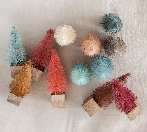 Bottle Brush Tree's On Wood Base, Set Of 12 - Blue/Plum Multi