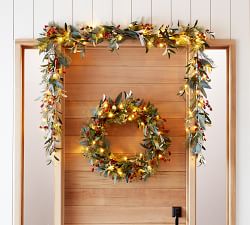 Open Box: Lit Faux Eucalyptus and Berry Wreath &amp; Garland