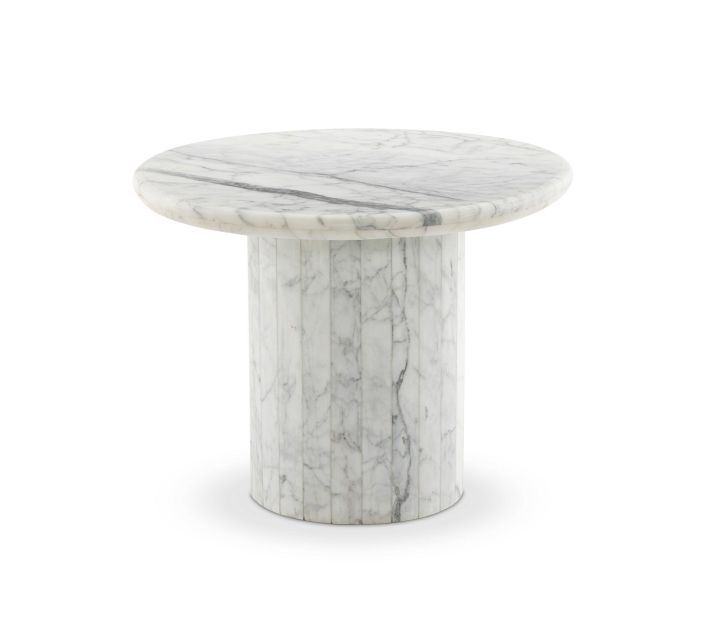 White marble round table with cylindrical pedestal base