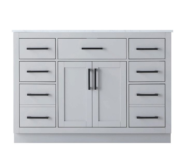 Full front of a gray bathroom vanity with multiple drawers and central double doors.