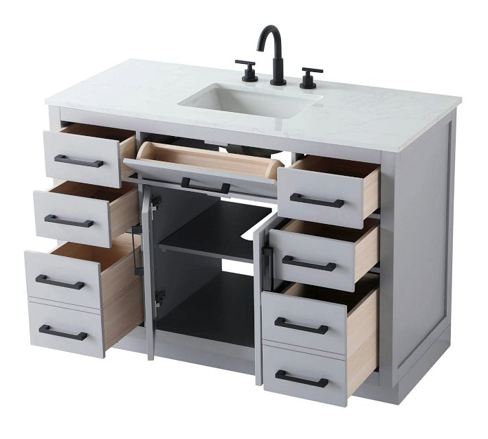 Open drawers showing storage inside a white/gray bathroom vanity.