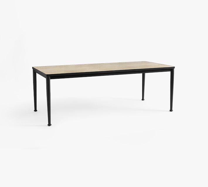 Rectangle wooden tabletop with black metal legs photographed in isolation
