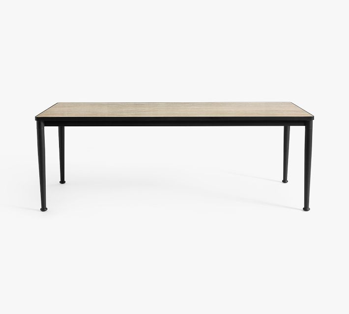 View of a rectangular wooden tabletop with black metal legs