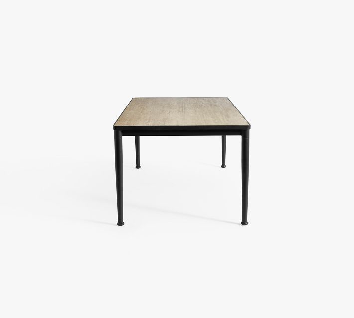 Small rectangular table with wooden top and black metal legs