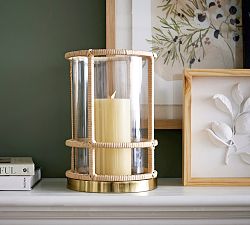 Lila Handcrafted Rattan &amp; Brass Hurricane Candle Holder