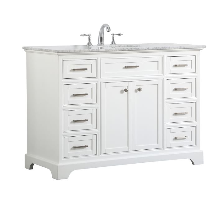 White bathroom vanity with marble countertop, multiple drawers, central double doors, front view