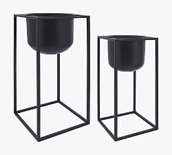 Raegan Black Round Planters on Stand - Set of 2