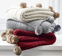 Faux Fur Pom Pom Knit Throw