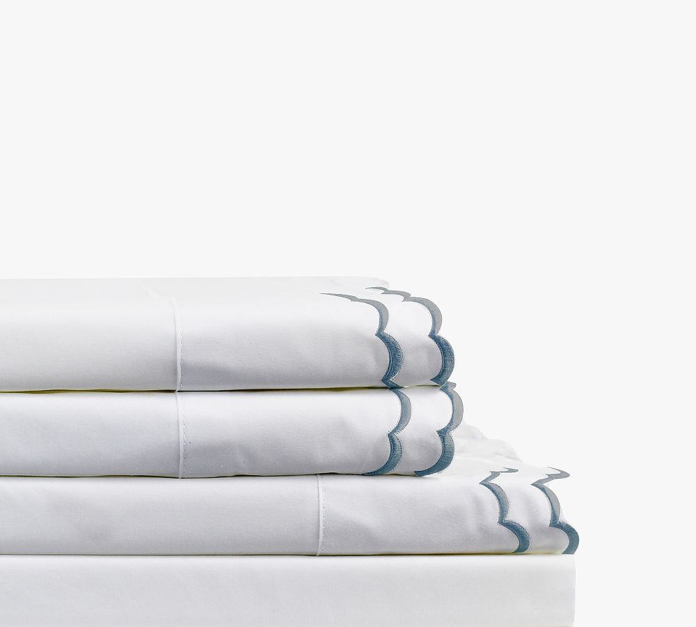 Maci Double Scalloped Percale Embroidered Sheet Set, King