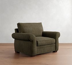 Open Box: Pearce Roll Arm Upholstered Chair-And-A-Half, Down Blend Wrapped Cushions - Rustic Chenille Dark Moss, Espresso Legs