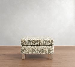 Open Box: Tyler Upholstered Ottoman with Nailheads, Down Blend Wrapped Cushions - Vintage Blythe Print Oatmeal, Seadrift Finish