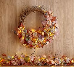 Faux Lit Harvest Wreath &amp; Garland