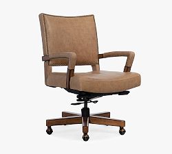 Open Box: Correy Leather Swivel Desk Chair - Latte, Dark Wood