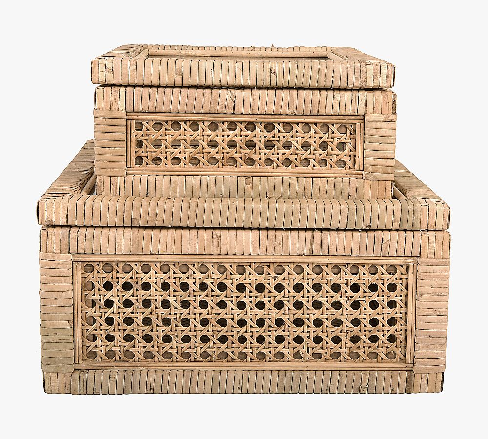 Woven Rattan And Wood Boxes, Set of 2 - Square - Set Of 2