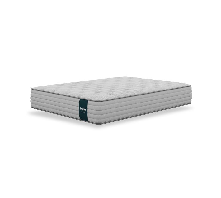 A rectangular gray mattress with a teal Leesa tag on a white background.