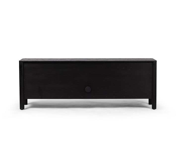 Front view of a black wood console with a circular knob in the center drawer.
