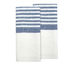 Open Box: Handmade Block-Print Banded Colored Tea Towels, Set of 2 - White/Blue