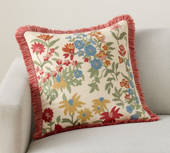 Bluebell Embroidered Floral Fringe Pillow