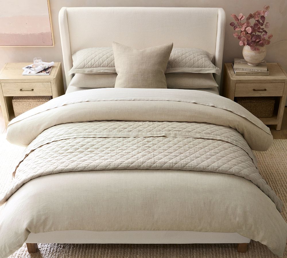 Queen size Belgian Flax Linen Diamond Quilt in Flax (color)