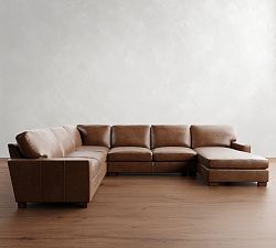 Turner Square Arm Leather L-Shaped Chaise Sectional (137"&ndash;142")