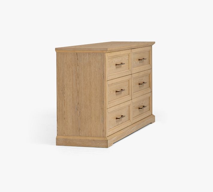 Side view of dresser with stacked six drawers and solid base.