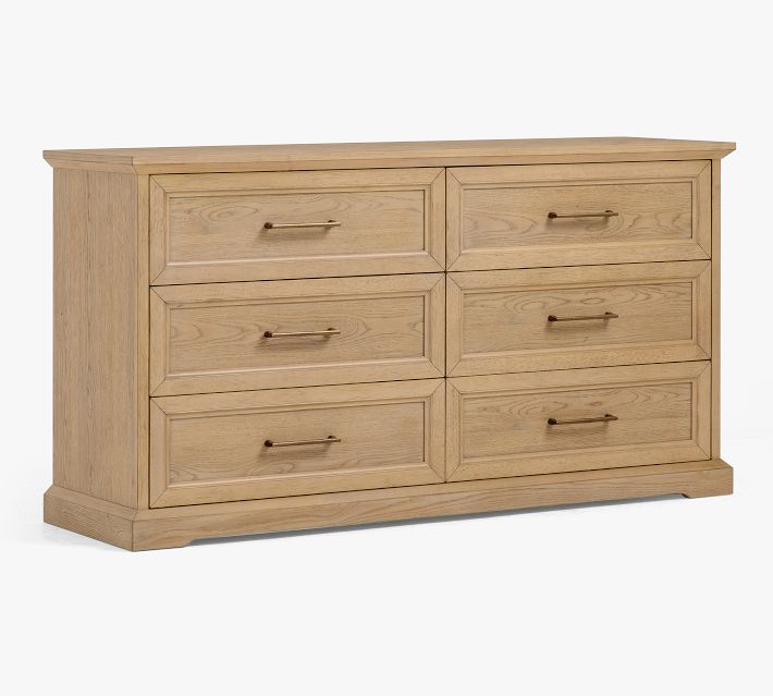 Wide shot of the dresser from side angle, showing depth and six drawers.