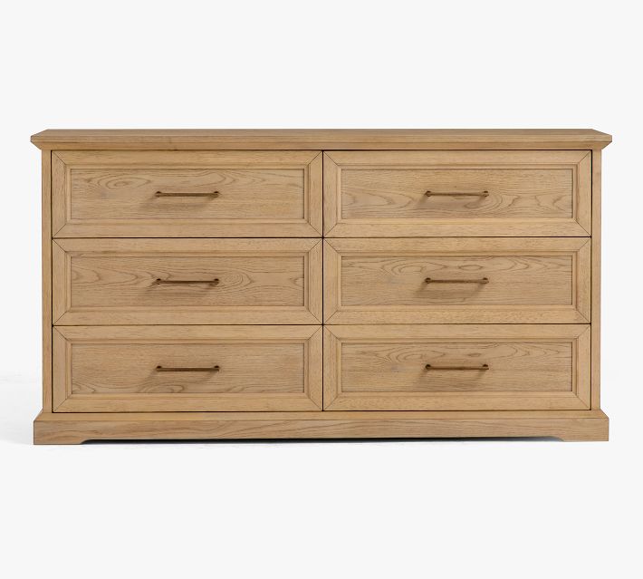 Full front view of a six-drawer dresser in light wood finish.