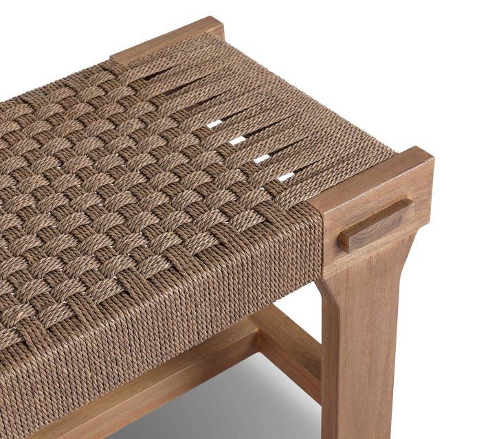 Close-up of corner and weave near the bench edge, showing woven strands