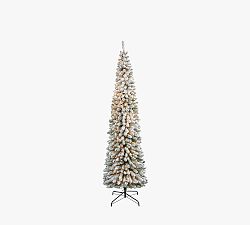 Open Box: Lit Flocked Pencil Artificial Christmas Tree, 8'